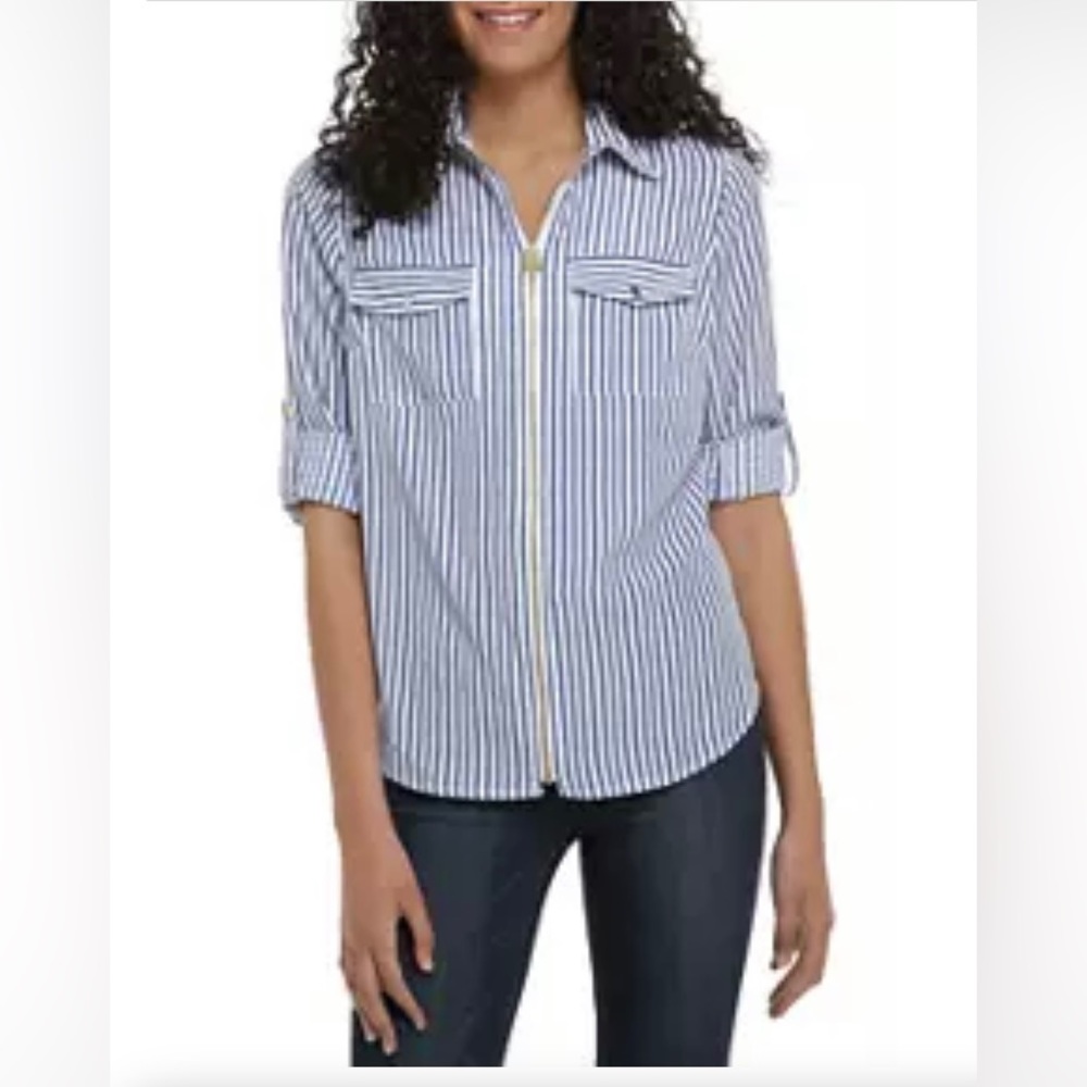MICHAEL Michael Kors Roll Tab Dog Tag Zipper Pull Stripe Button-Down Shirt P/S‎